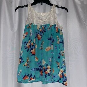 Blue floral tank w/ cream lace size small
